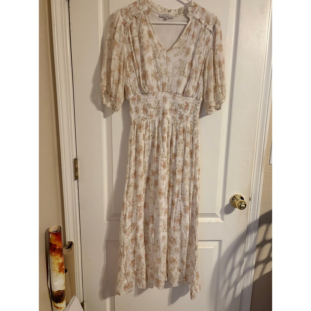 Keren Hart Floral Midi Dress Womens Medium Cream Pink‎ Smocked Waist Puff Sleeve
